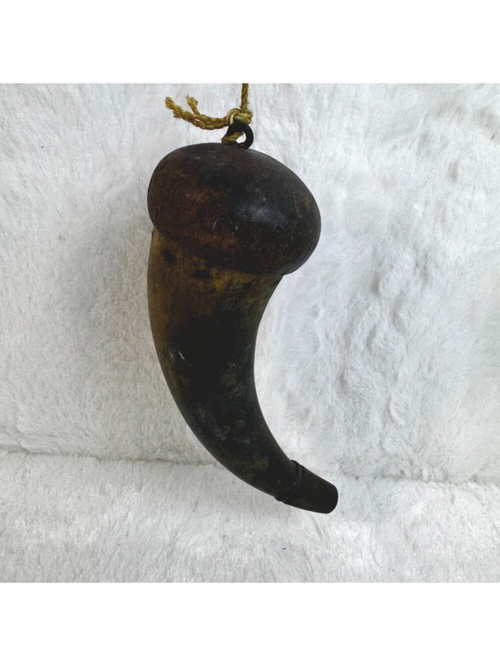 Antique Powder Horn With Wooden Cap & Rope Hanger - Rustic Collectible Decor